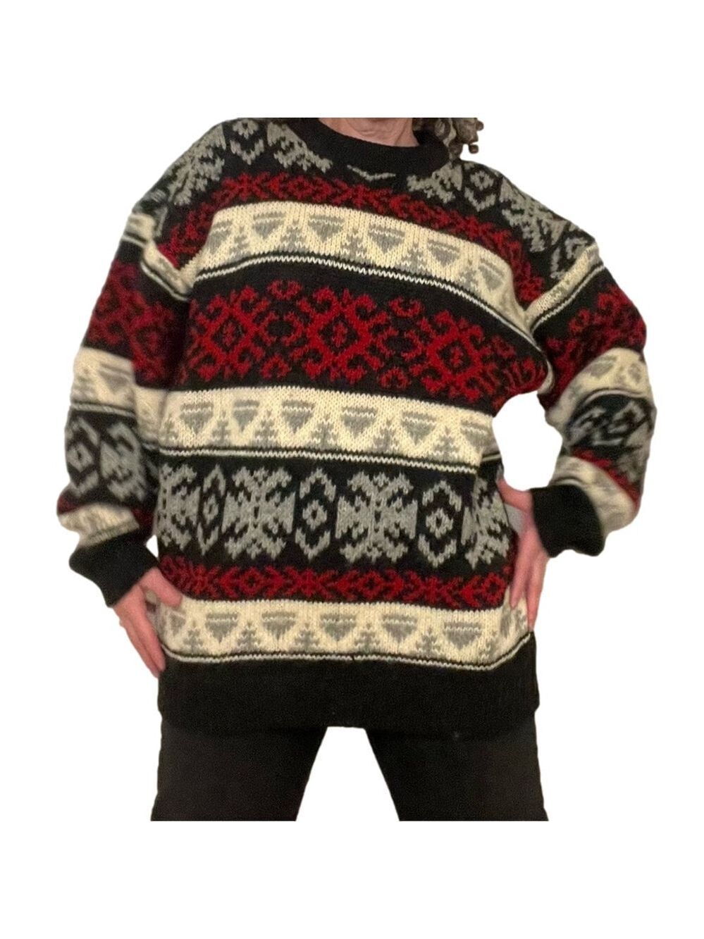 VINTAGE 100% Virgin Wool Pullover Crew Neck Sweater Black Cream Grey Red Unisex - Picture 3 of 11